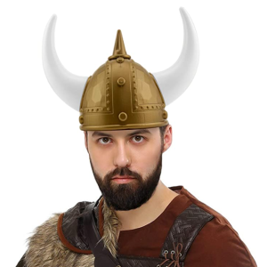 Viking Miğfer Başlık Yetişkin Boy Altın Renk Beyaz Büyük Boynuzlu