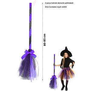Mor Cadı Süpürgesi - Halloween Siyah Fiyonklu Tüllü Cadı Süpürgesi 80-85 cm