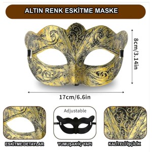 Altın Renk Eskitme Maskeli Balo Maskesi – Venedik Tarzı Parti Maskesi