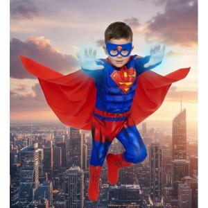 Süperman Kaslı Kostüm Maskeli ve Pelerinli Çocuk Kostümü 7/8 Yaş