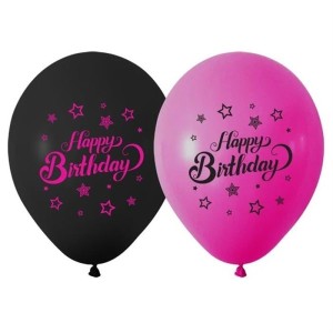 Siyah Fuşya Happy Birthday Lateks Balon 6 lı